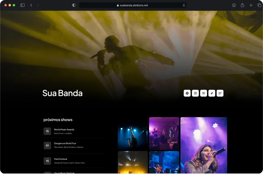 Página da banda no Simbora — versão desktop